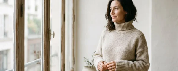 Femme en pull maille naturelle élégant, lumière douce, fond neutre