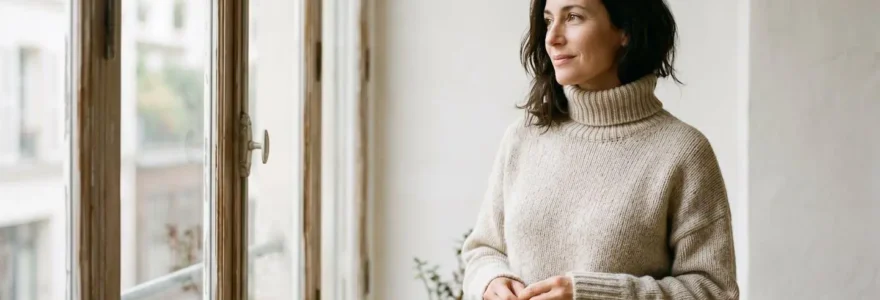 Femme en pull maille naturelle élégant, lumière douce, fond neutre