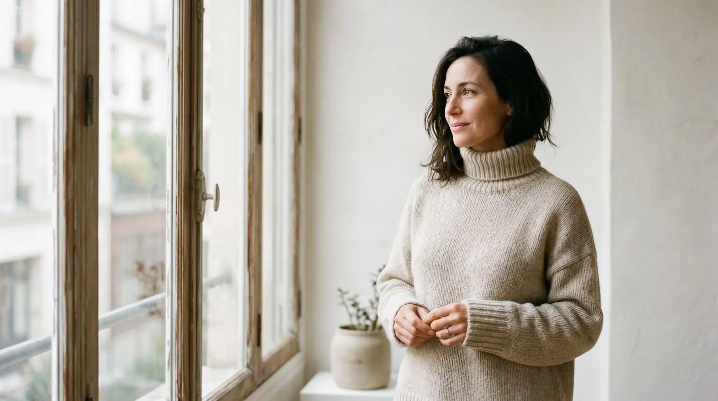 Femme en pull maille naturelle élégant, lumière douce, fond neutre