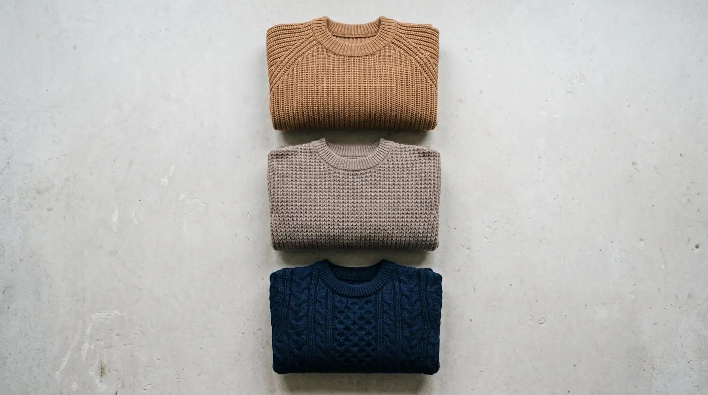 Sélection de pulls en maille disposés par teintes neutres et chaudes, camel, grège, marine