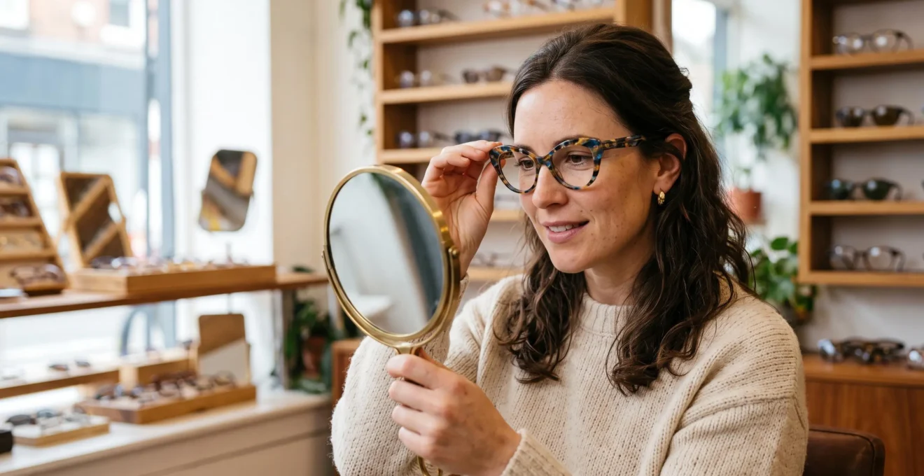 Une femme essaie des lunettes papillon face à un miroir chez un opticien.