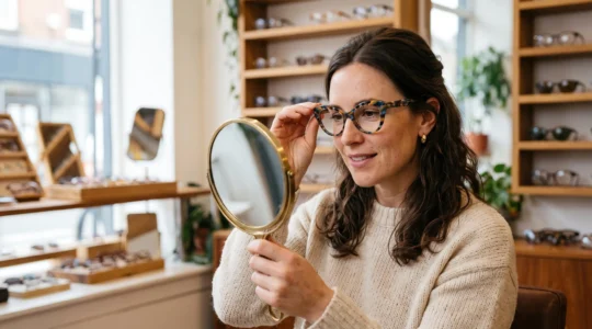 Une femme essaie des lunettes papillon face à un miroir chez un opticien.