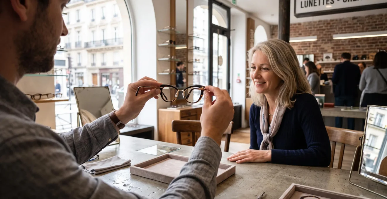 Un opticien présente une monture papillon en acétate à une cliente assise.